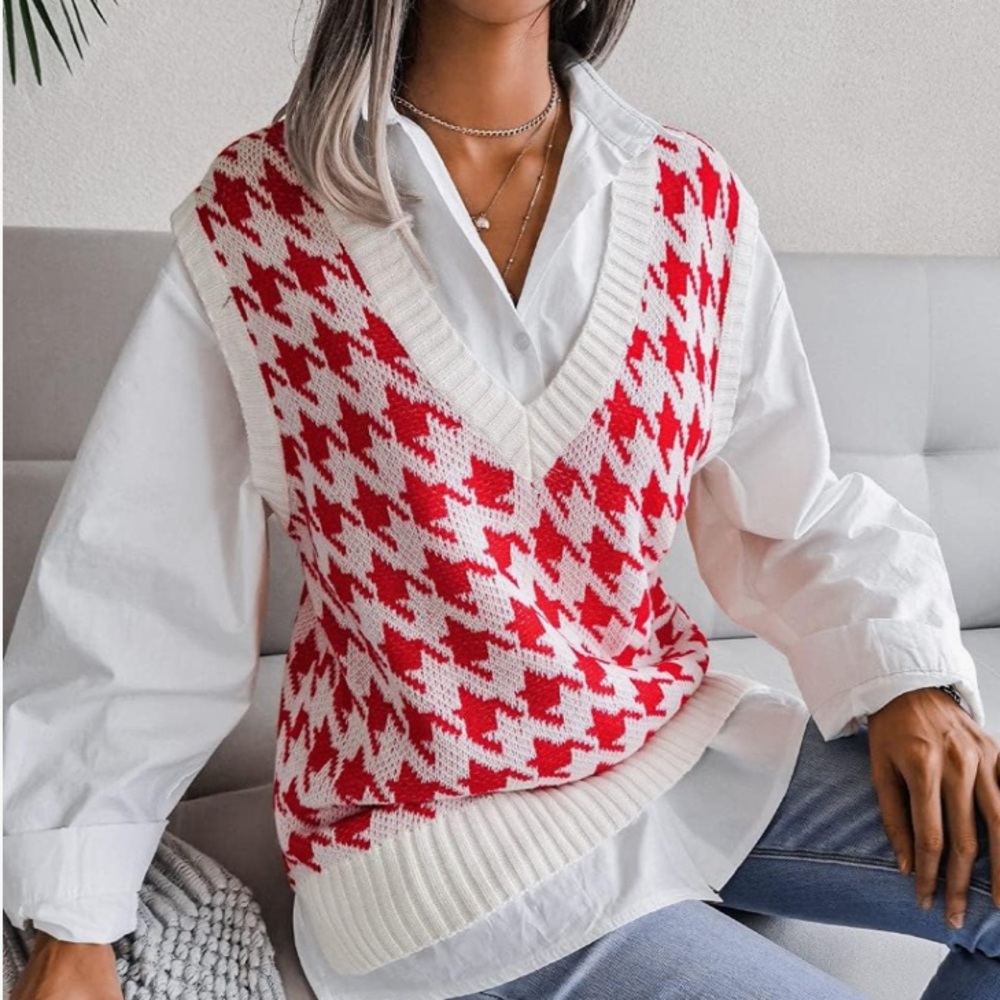 Red and White Houndstooth Sweater Vest